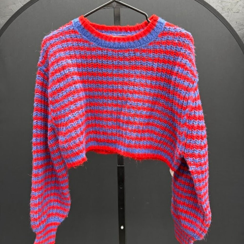 Zara Blue Red Striped Wool Blend Cropped Sweater